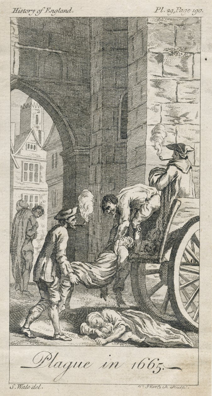 Verzamelen van pestslachtoffers, Holywell Lane, Shoreditch, Londen, VK (gravure) door Samuel (after) Wale