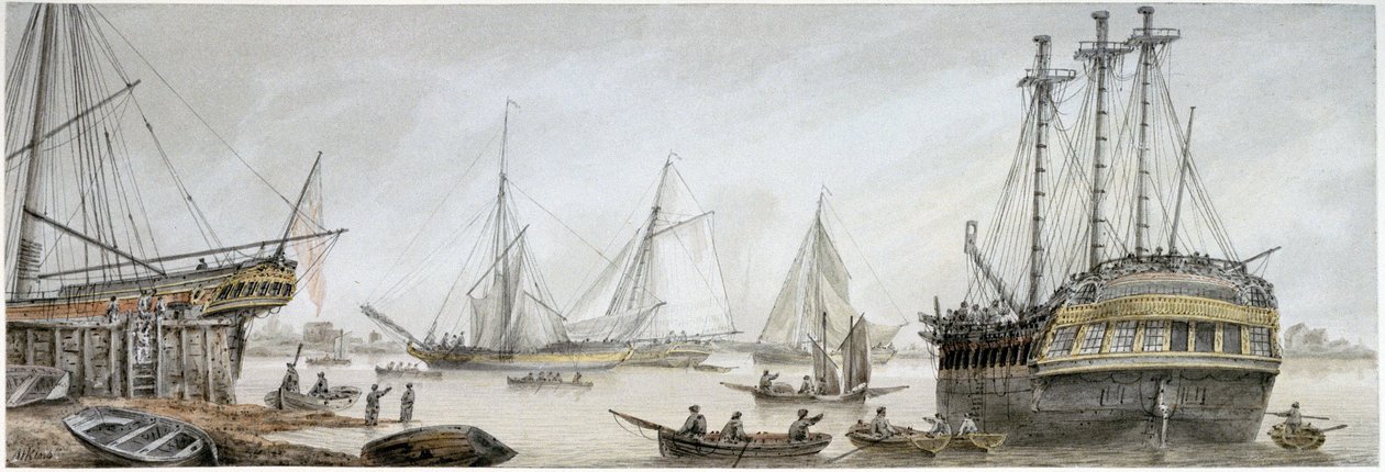 Een Indiaman-schip gereed voor reparaties op de Theems, met een beschrijving van de gewone activiteiten van de Koninklijke Scheepswerven in Deptford door Samuel Atkins
