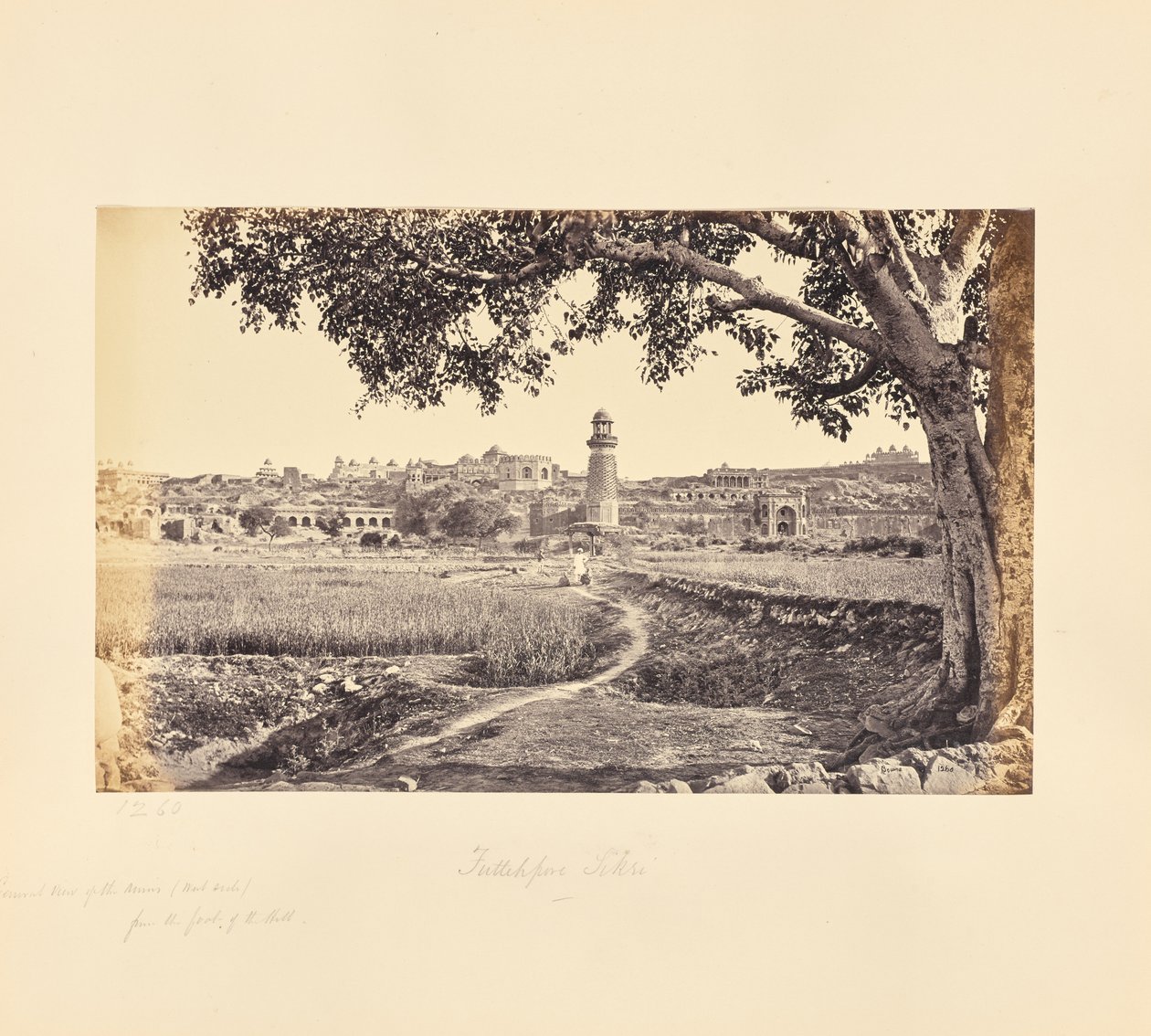 Fatehpur Sikri; algemeen uitzicht op de ruïnes (westzijde), vanaf de voet van de heuvel door Samuel Bourne