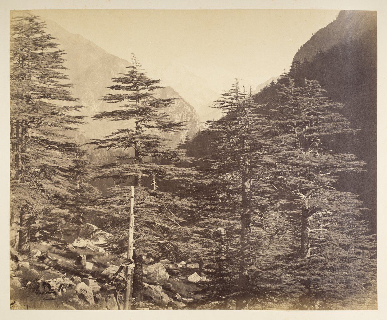Besneeuwde toppen bij Gangootri vanaf Bhairamghati. Fotograaf: Bourne, Samuel Album met foto