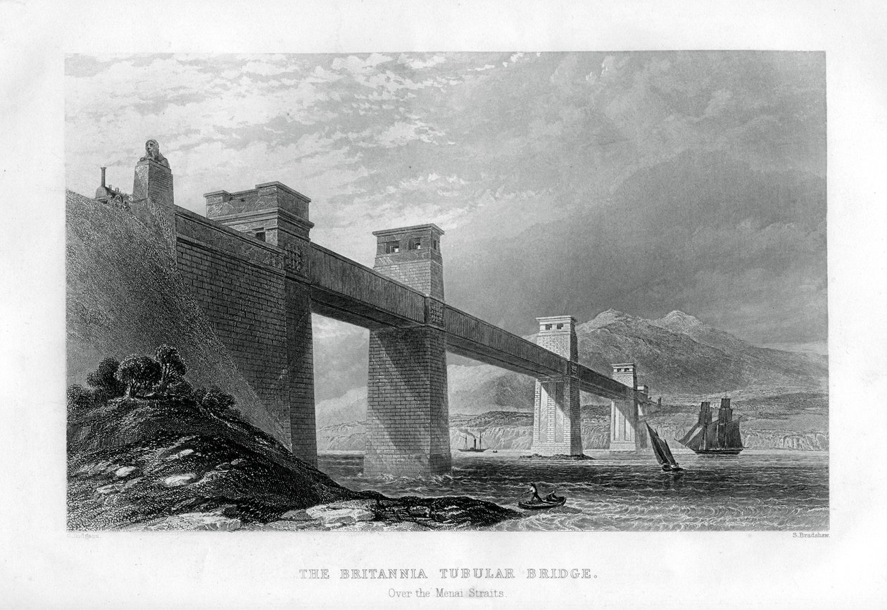 De Britannia Buisbrug over de Menai Straat, Wales, 1886 door Samuel Bradshaw