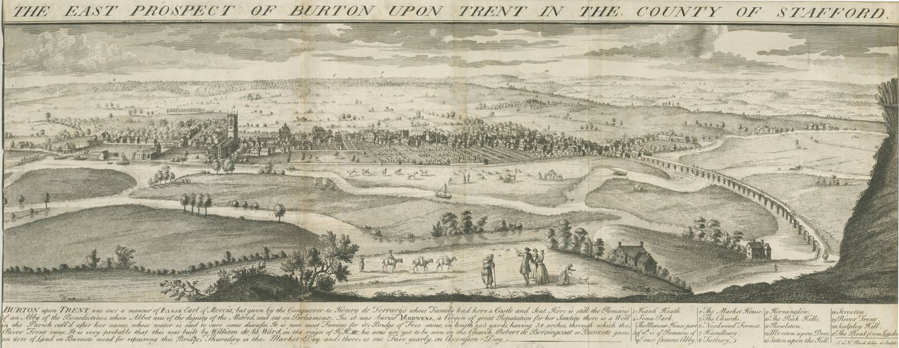 Burton-upon-Trent Brug en Stad (gravure) door Samuel Buck