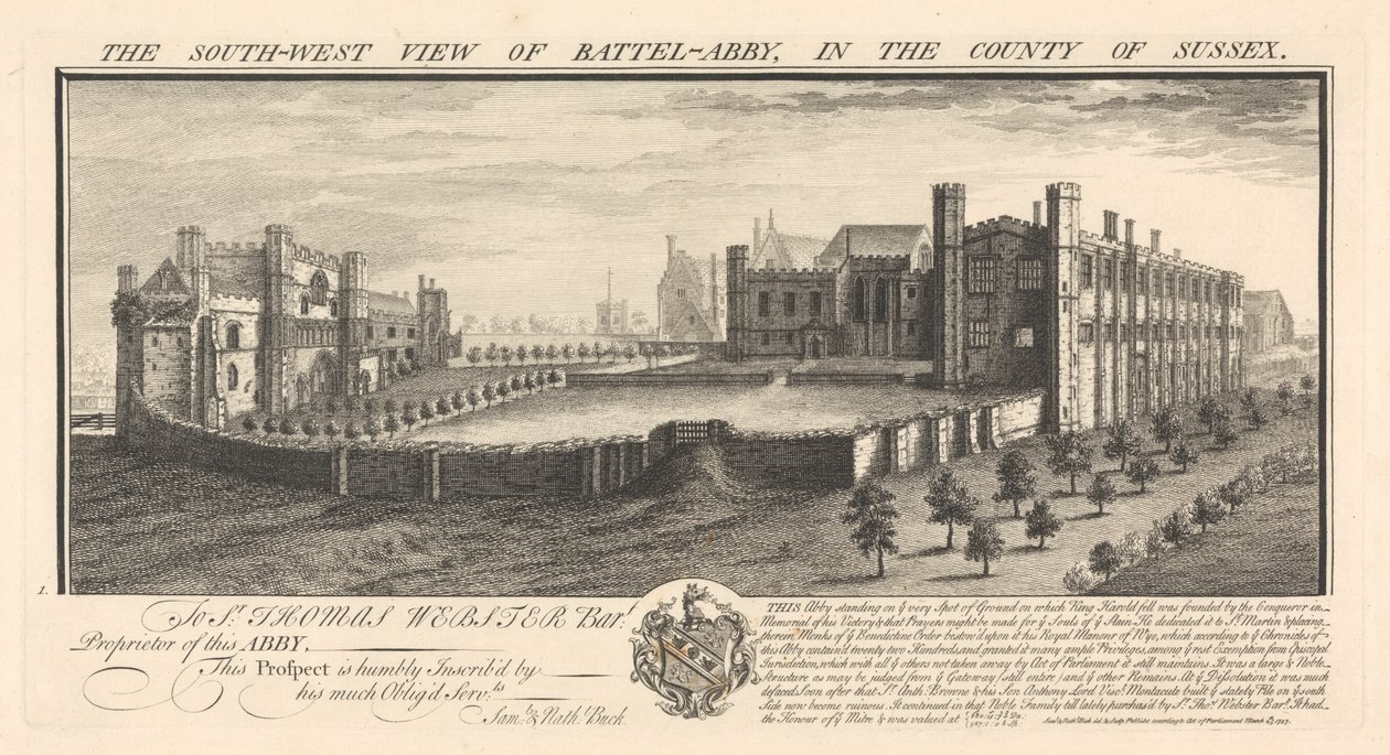 Het zuidwestelijke uitzicht van Battel-Abbey, in het graafschap Sussex door Samuel Buck