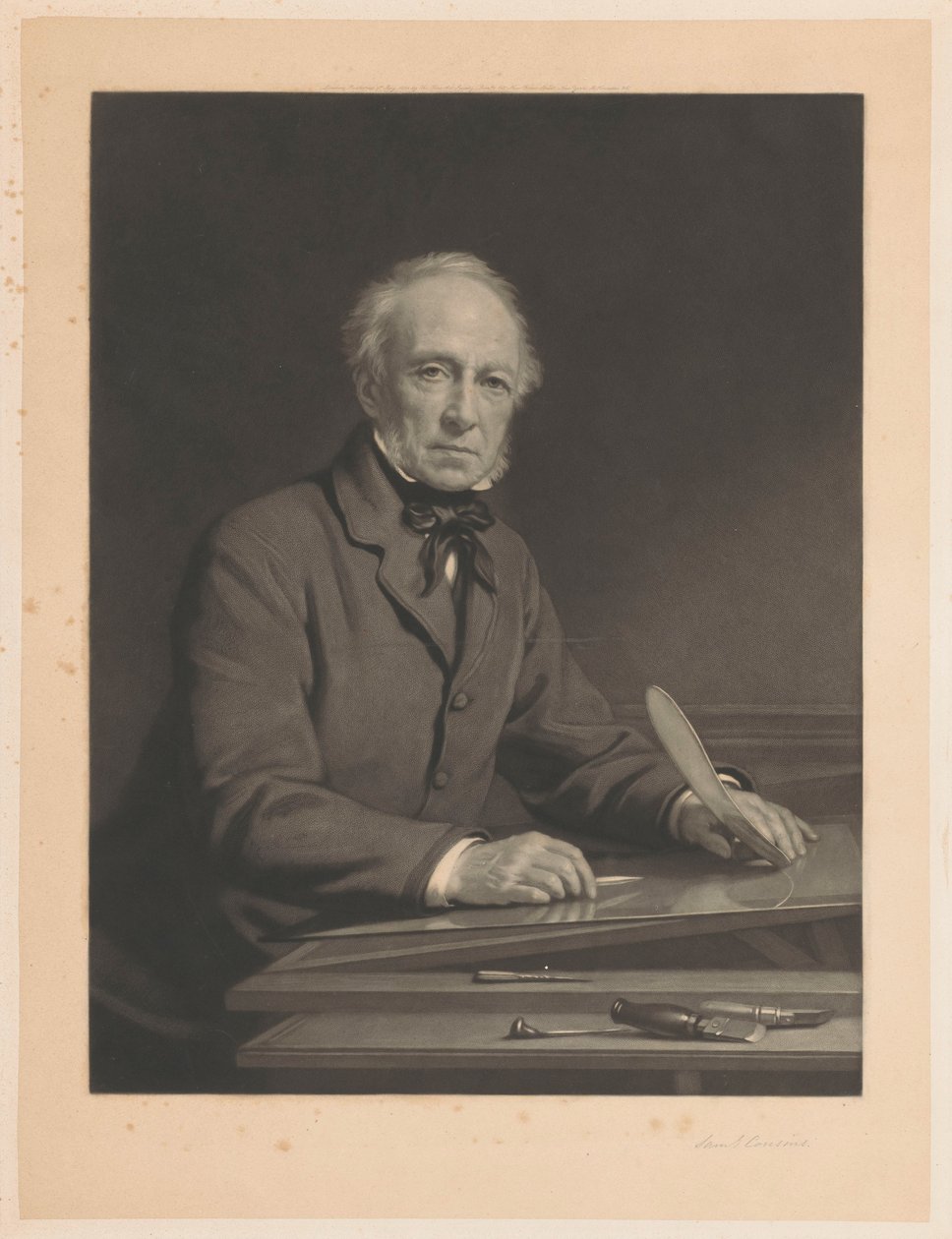 Portret van Samuel Cousins werkend aan een prent door Samuel Cousins (signed by artist)