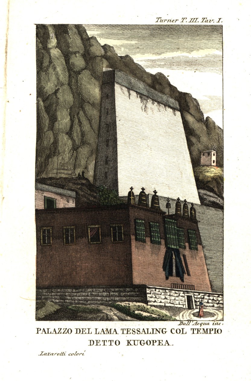 Woning van Tessaling Lama met het religieuze gebouw genaamd Kugopea. Illustratie door luitenant Samuel Davis uit Captain Samuel Turner (1759-1802) Verslag van een ambassade naar het hof van de Teshoo Lama in Tibet 1800. Kopergravure door Dell
