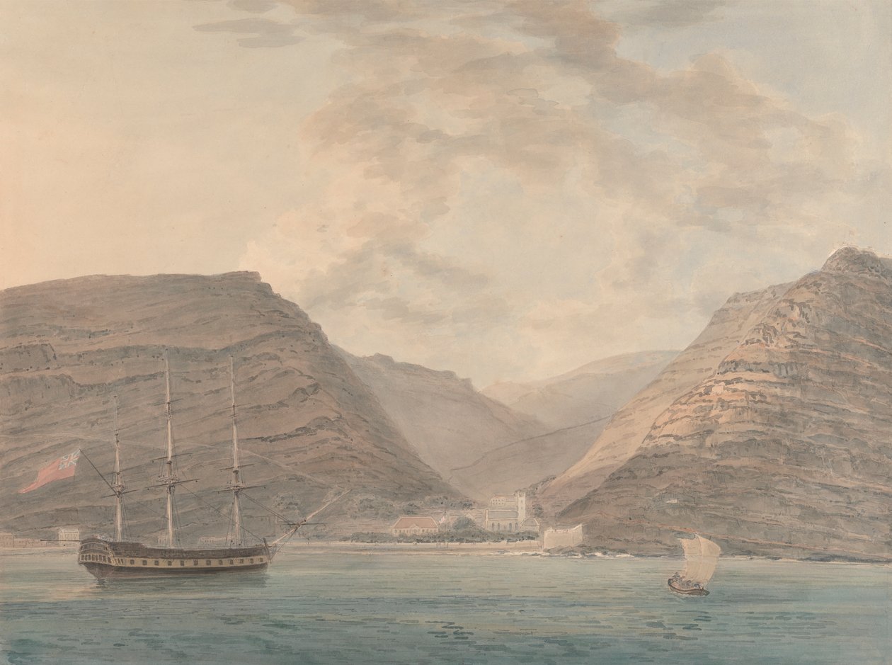 Oorlogsschip Voor Anker in de Haven, Bergen op de Achtergrond door Samuel Davis