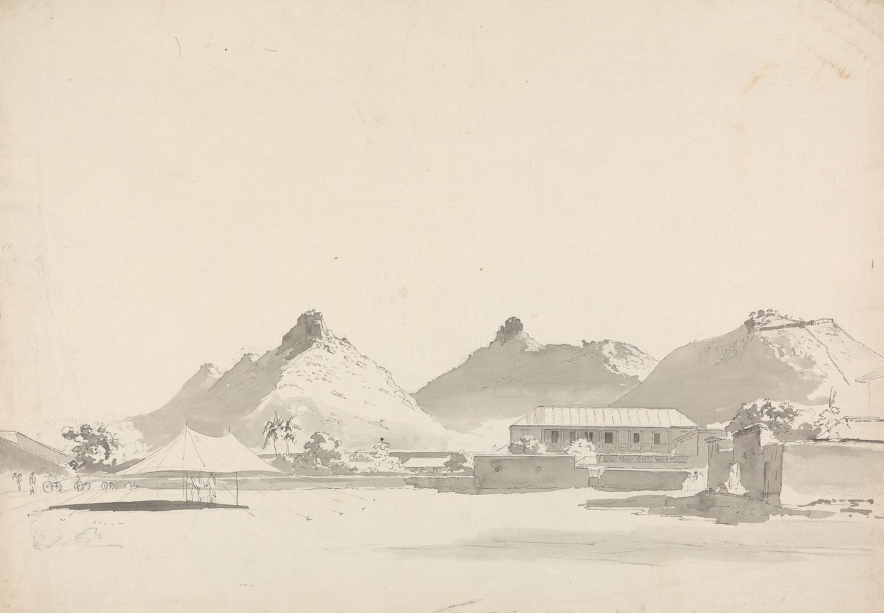 Militair kampement met forten op heuvels erachter door Samuel Davis