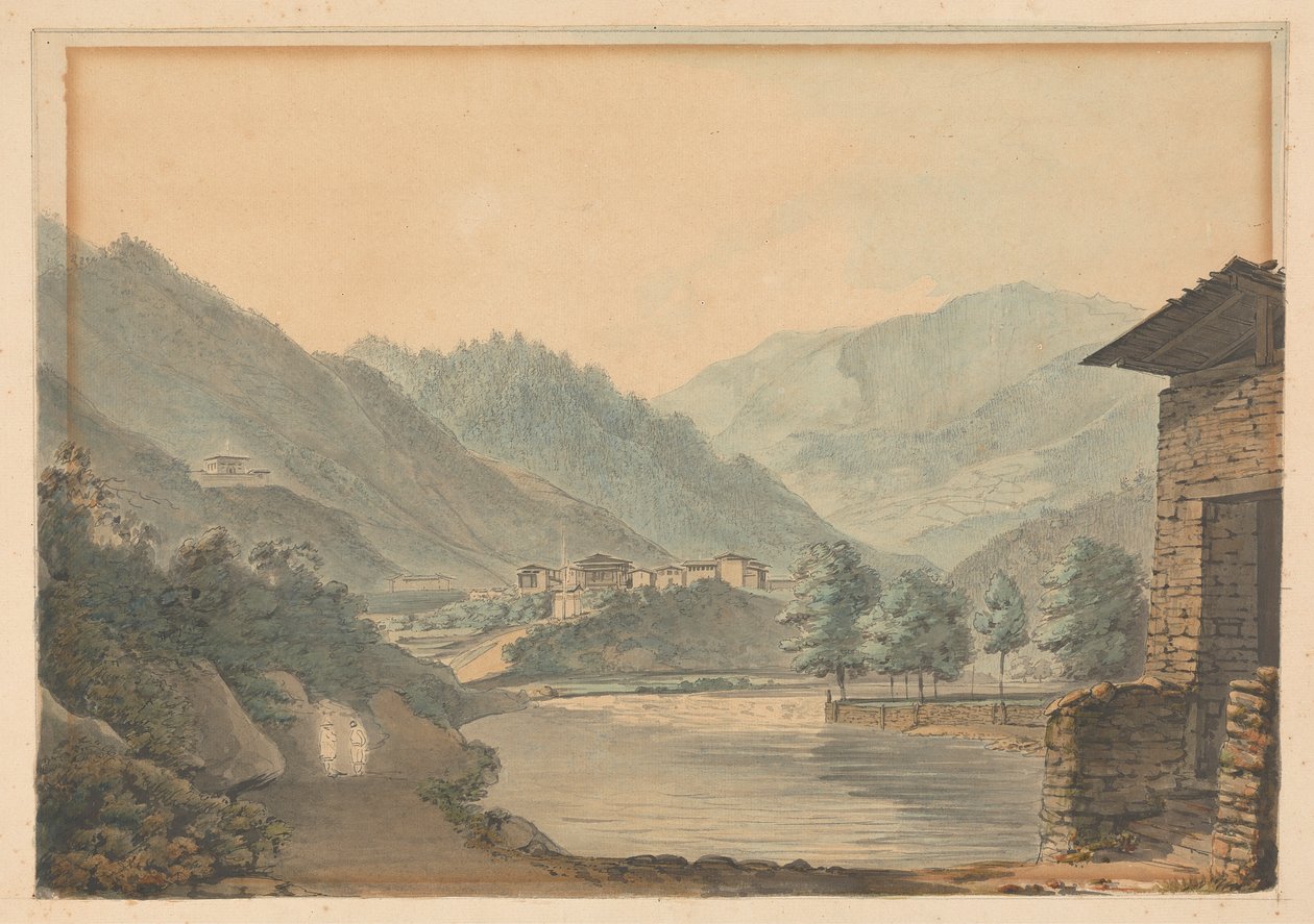 Bergachtig landschap met gebouwen en rivier door Samuel Davis