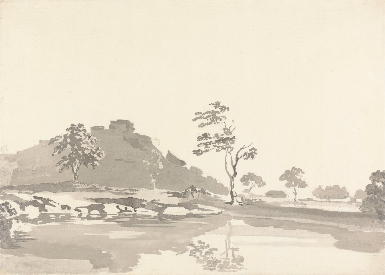 Rivierscène met een Fort op een Heuvel in de Verte door Samuel Davis