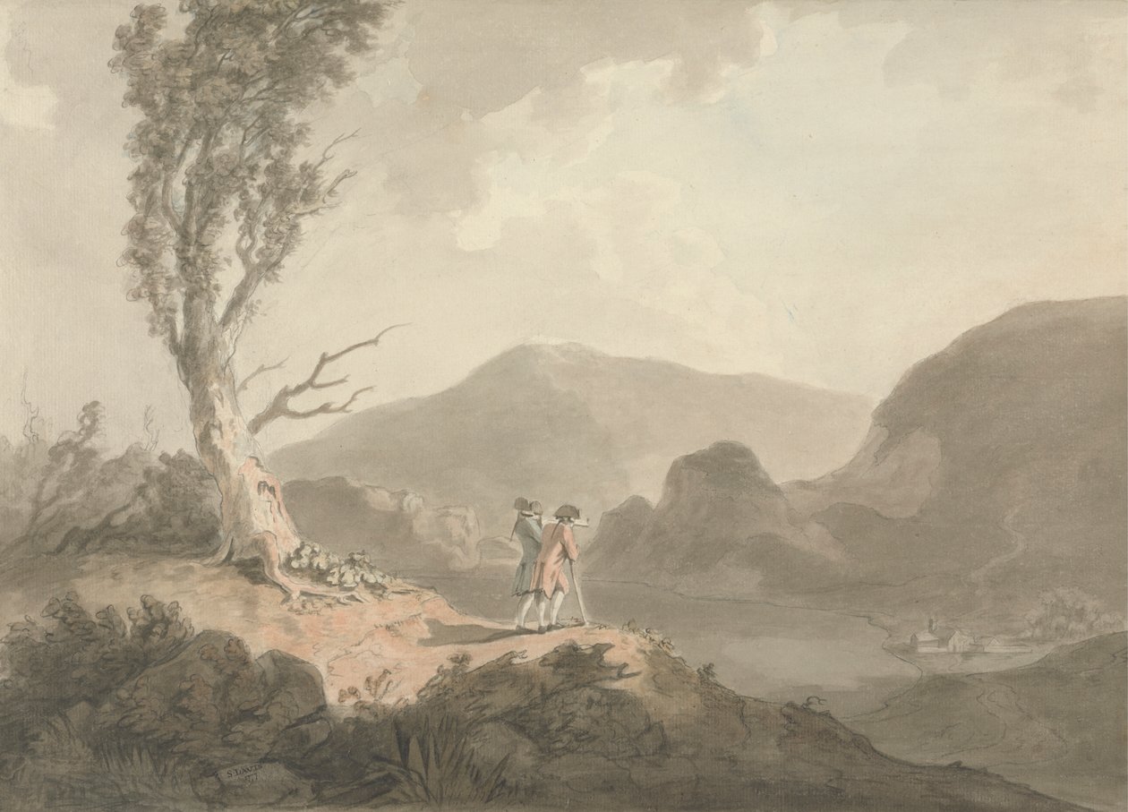 Twee mannen met telescoop kijken over een rivier door Samuel Davis