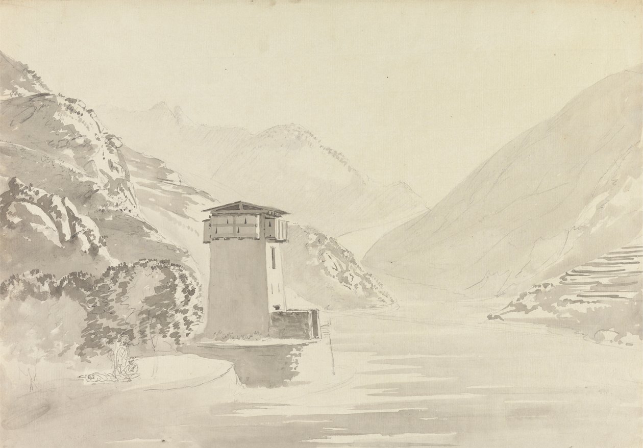 Uitzicht vanaf de Brug bij Wandepore [Wangdu Phodrang] door Samuel Davis