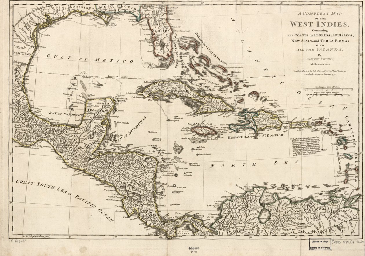 Een complete kaart van West-Indië met de kusten van Florida, Louisiana, Nieuw-Spanje en Terra Firma: Met alle eilanden. door Samuel Dunn