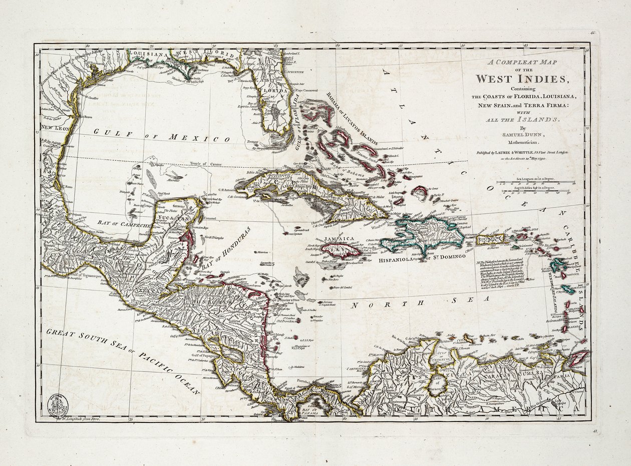 Een complete kaart van West-Indië met de kusten van Florida, Louisiana, Nieuw-Spanje en Terra Firma met alle eilanden door Samuel Dunn