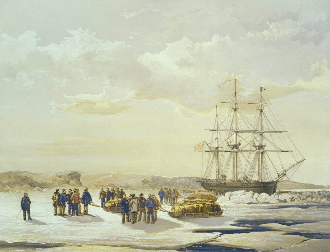 Sledepartij vertrekt van H.M.S. Investigator in Mercy Bay, 15 april 1853, gegraveerd door E. Walker, uitgegeven door Ackermann und Co., 1854 door Samuel Gurney Cresswell