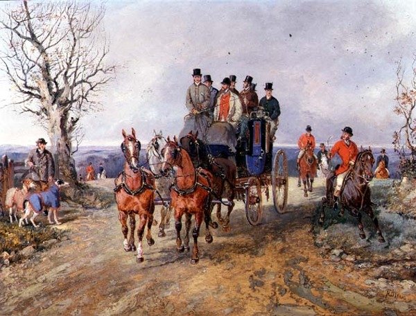 Een koets en vier paarden op de open weg door Samuel Henry Alken