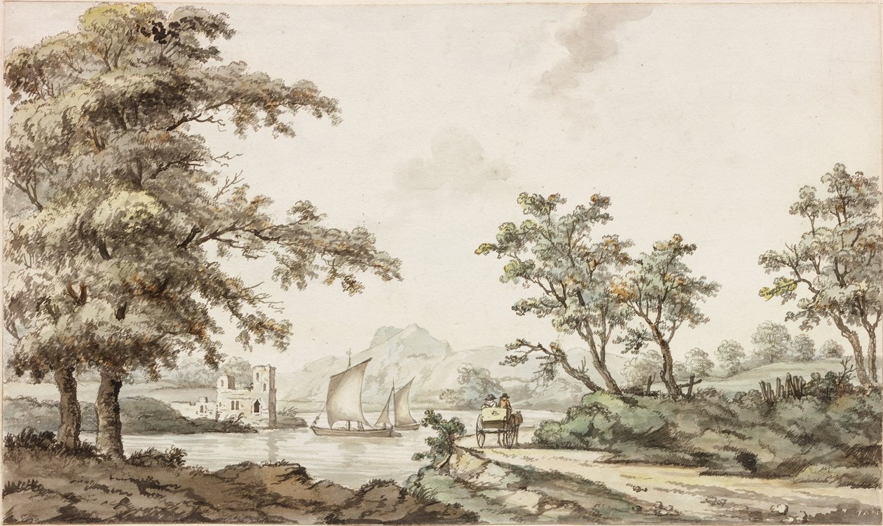 Een Rivier met Zeilboten en een Paard en Kar door Samuel Henry Alken