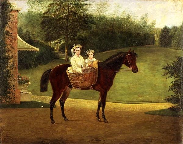 Portret van Twee Meisjes In Een Mand Op Een Pony door Samuel Henry Alken