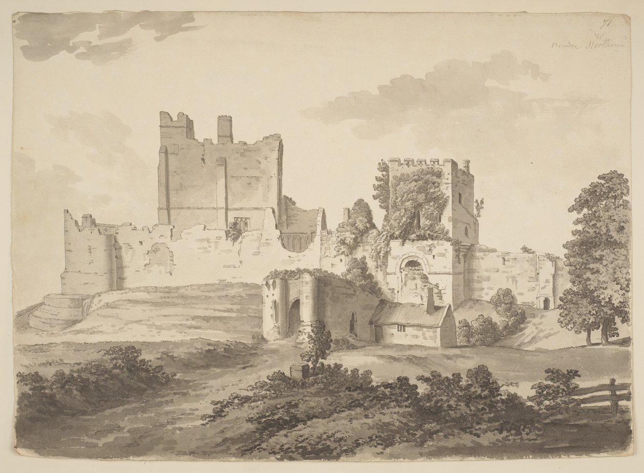 Gezicht in Oost-Indische inkt op Prudhoe Castle, in de parochie Ovingham (Oost-Indische inkt op papier) door Samuel Hieronymous Grimm