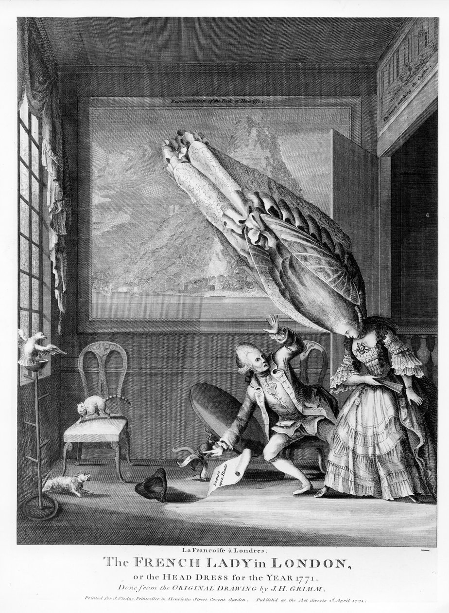 De Franse dame in Londen of Het hoofddeksel van het jaar 1771, gedrukt voor S. Sledge, 1771 door Samuel Hieronymous Grimm