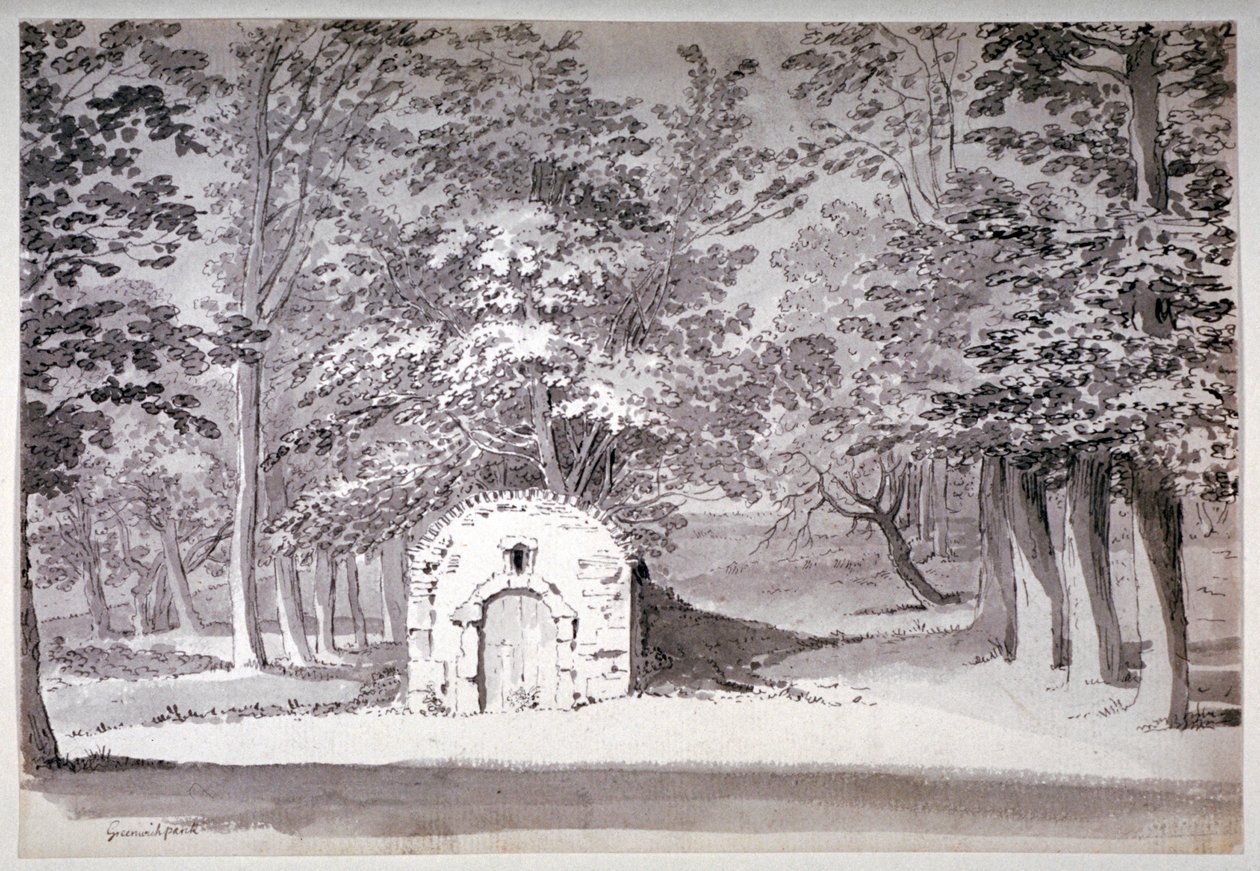 Een ijshuis of waterleiding in Greenwich Park, Londen door Samuel Hieronymus Grimm