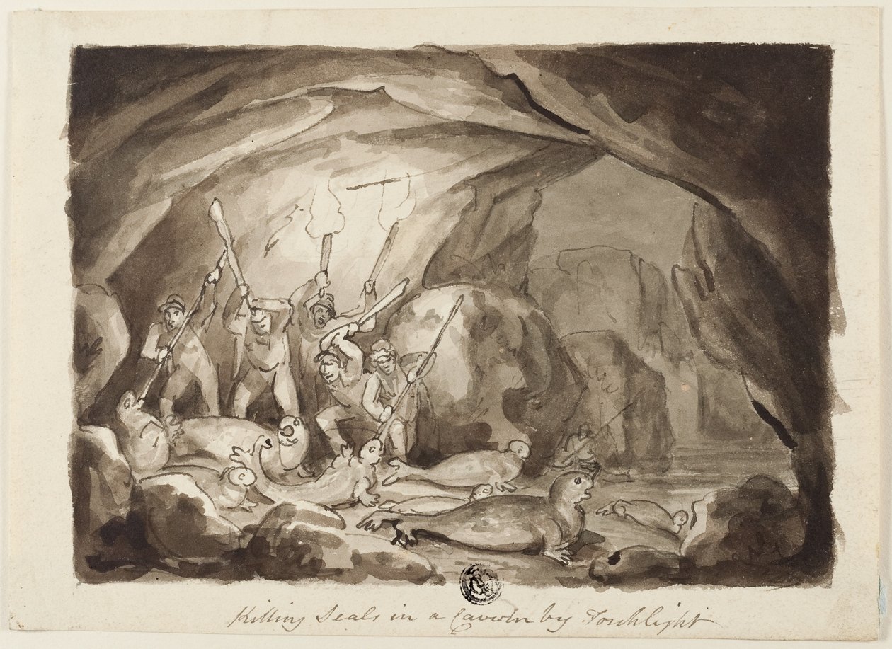 Zeehonden doden in een grot bij fakkellicht (recto); Schets van jagers en bord (verso) door Samuel Howett