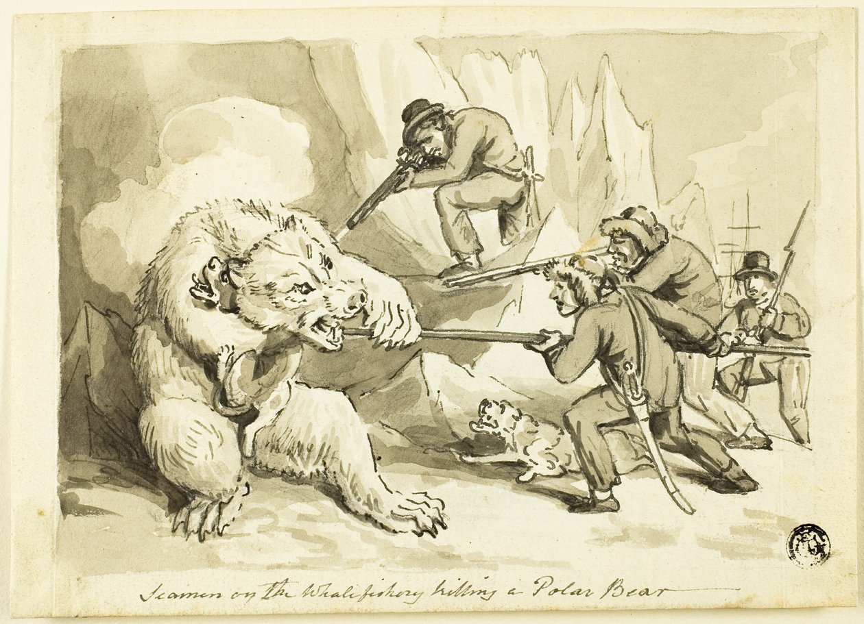 Zeelieden op de walvisvangst die een ijsbeer doden (recto); Schelp (verso) door Samuel Howett