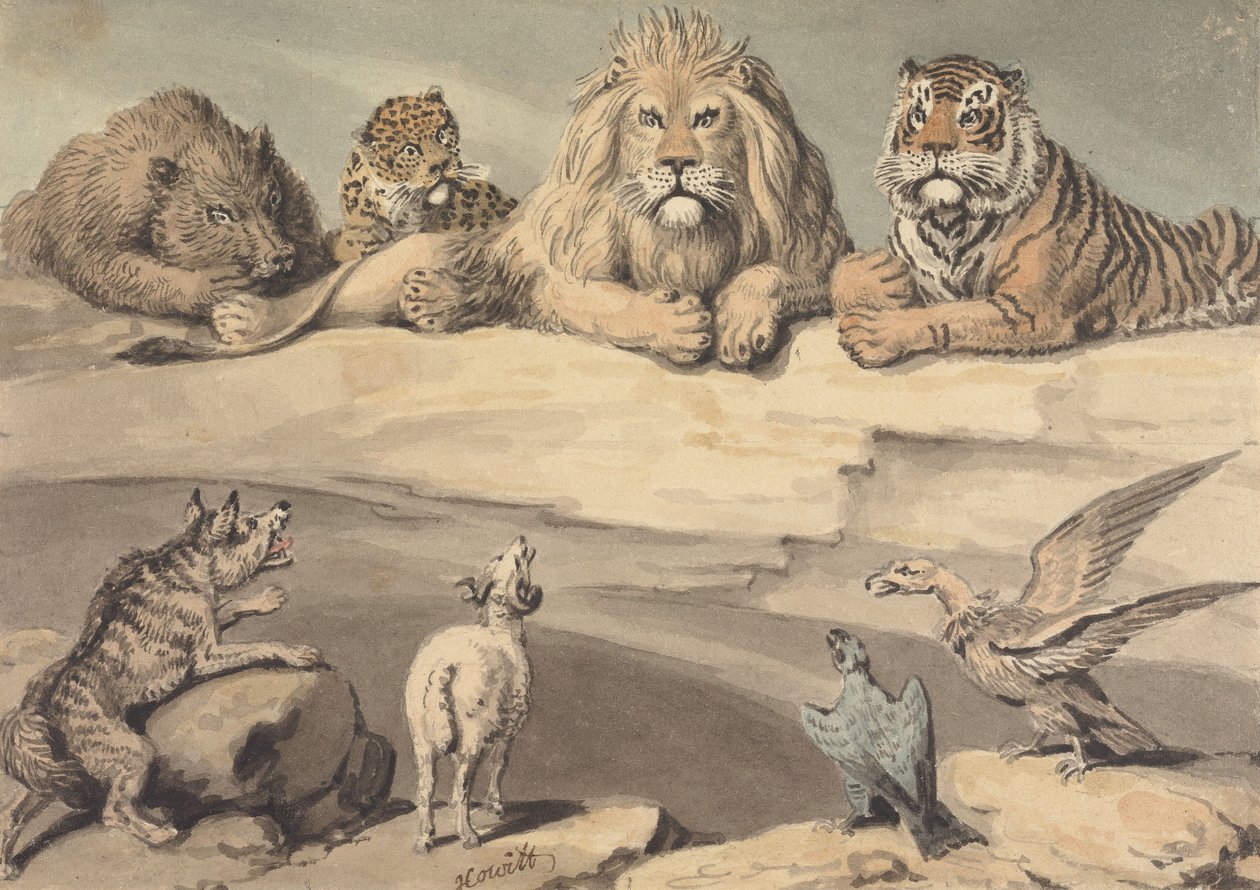 Een everzwijn, een luipaard, een leeuw, een tijger, een wolf, een ram en twee arenden door Samuel Howitt