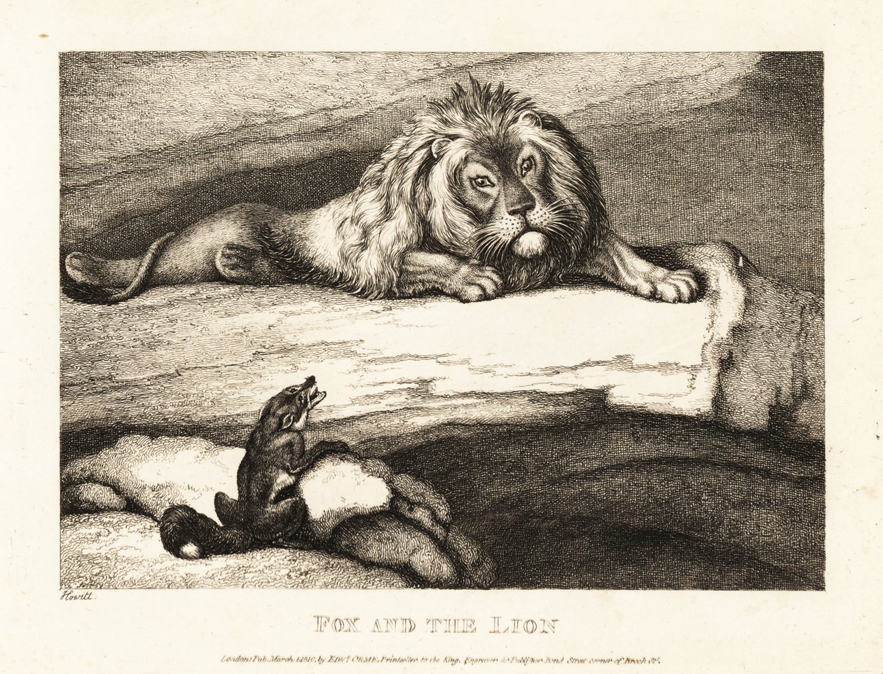 Een vos die dwaas een mannelijke leeuw in zijn hol nadert. 1811 door Samuel Howitt