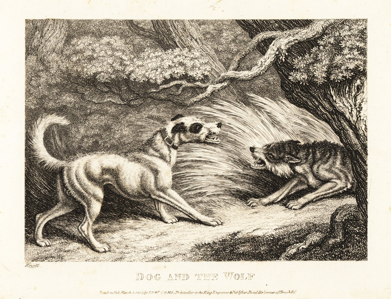 Een huishond in een halsband biedt voedsel aan een uitgehongerde wolf. 1811 door Samuel Howitt
