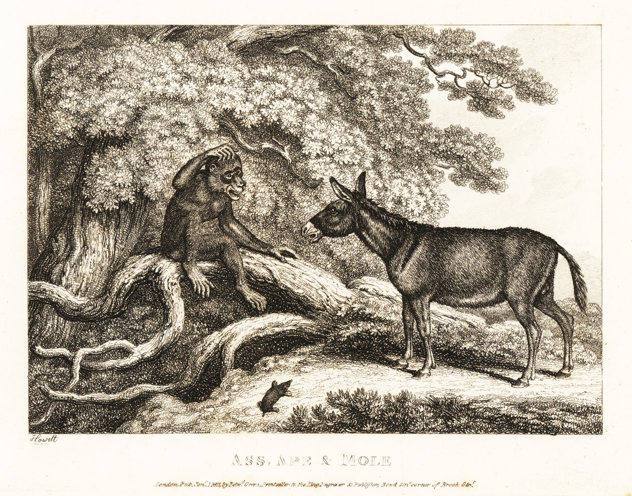 Een aap en een ezel jammeren totdat een mol hen tot zwijgen brengt. 1811 (ets) door Samuel Howitt
