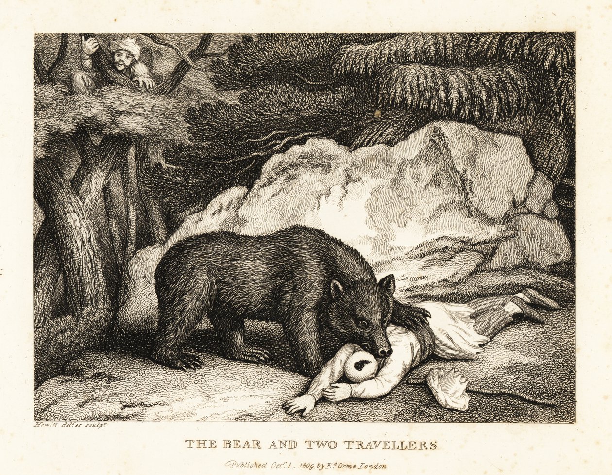 Een reiziger met tulband doet alsof hij dood is terwijl hij wordt aangevallen door een beer. 1811 (ets) door Samuel Howitt