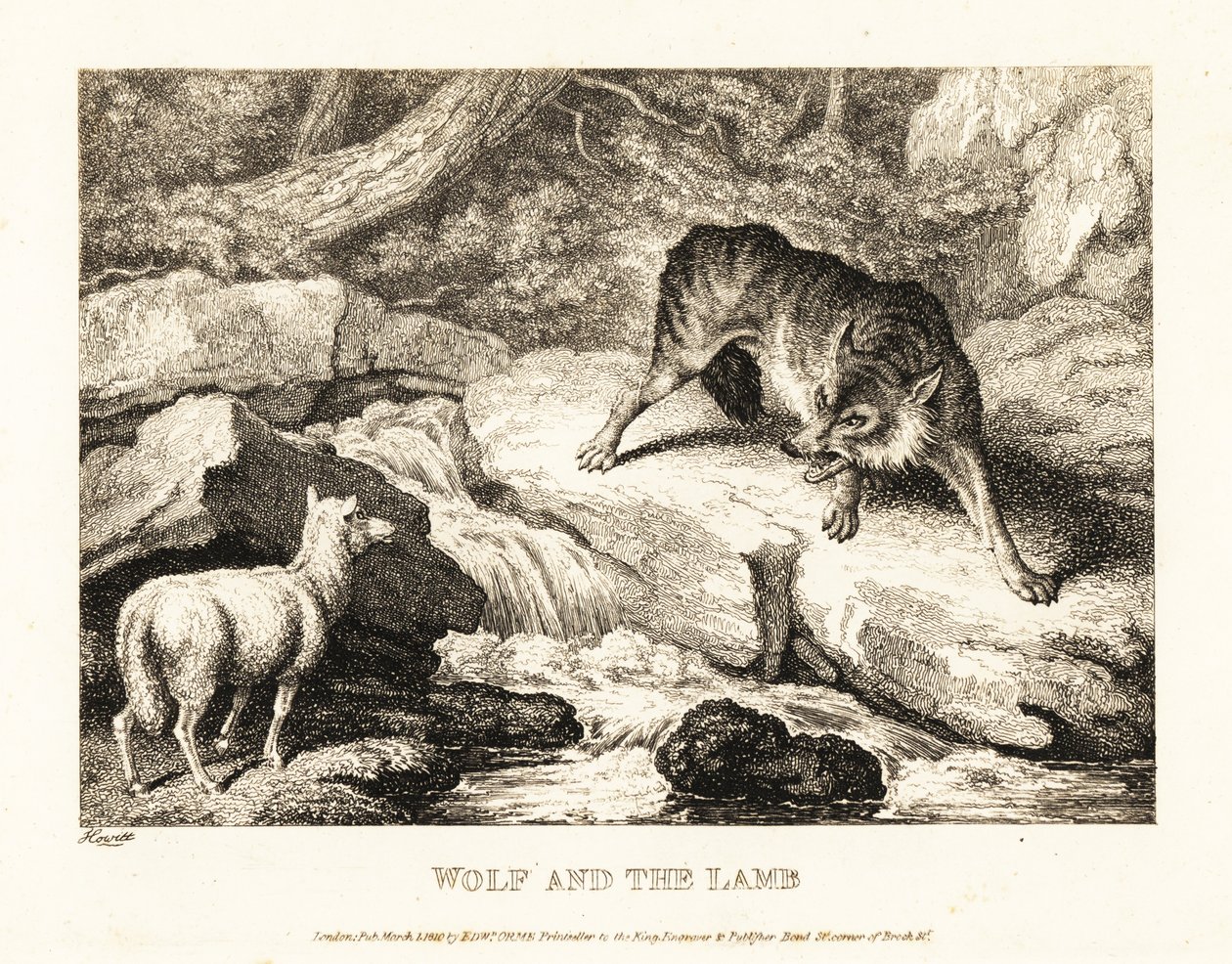 Een wolf die probeert te rechtvaardigen dat hij een lam bij een rivier doodt. 1811 door Samuel Howitt