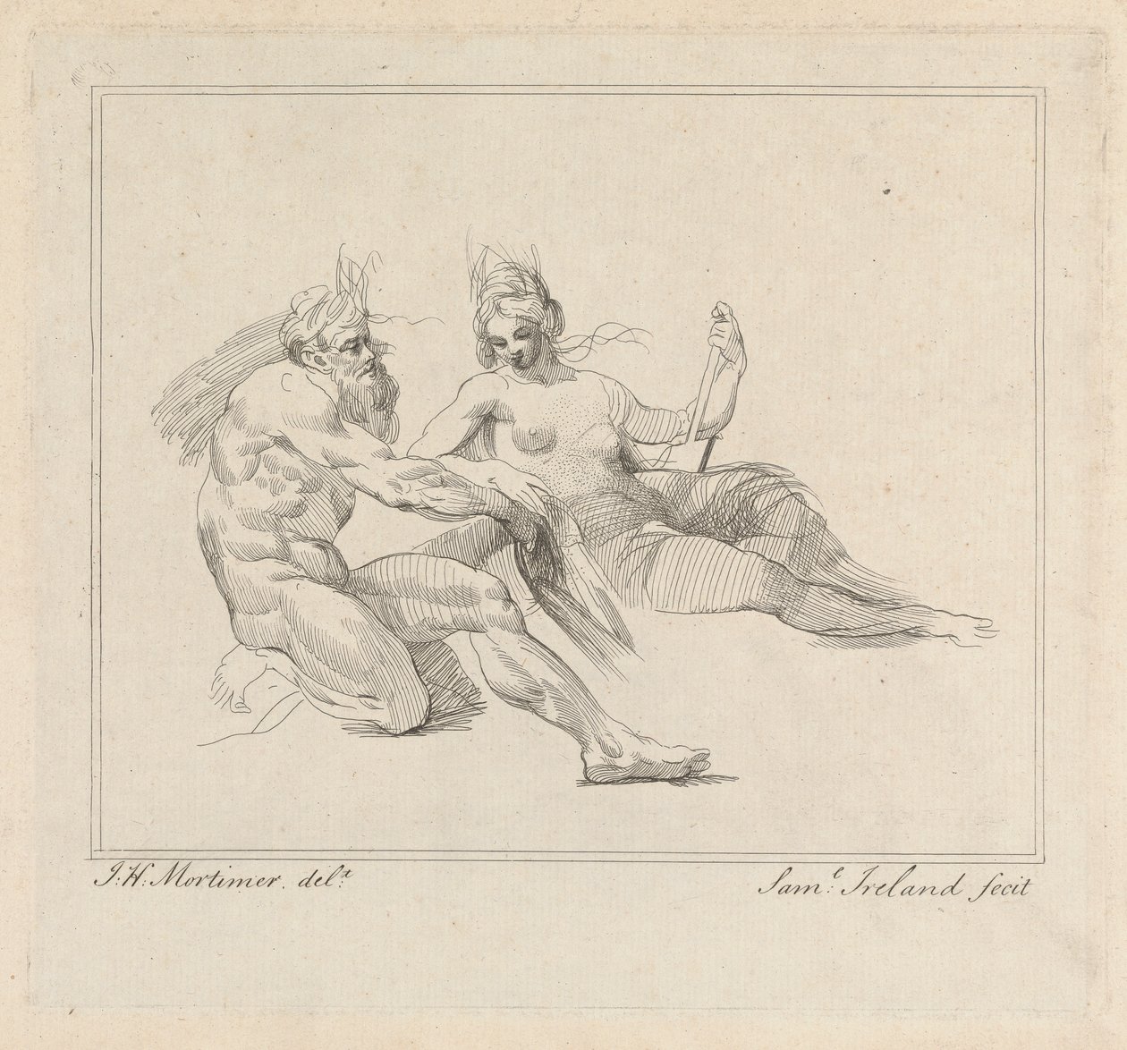 Drie etsen op één blad: Twee mythologische figuren door Samuel Ireland