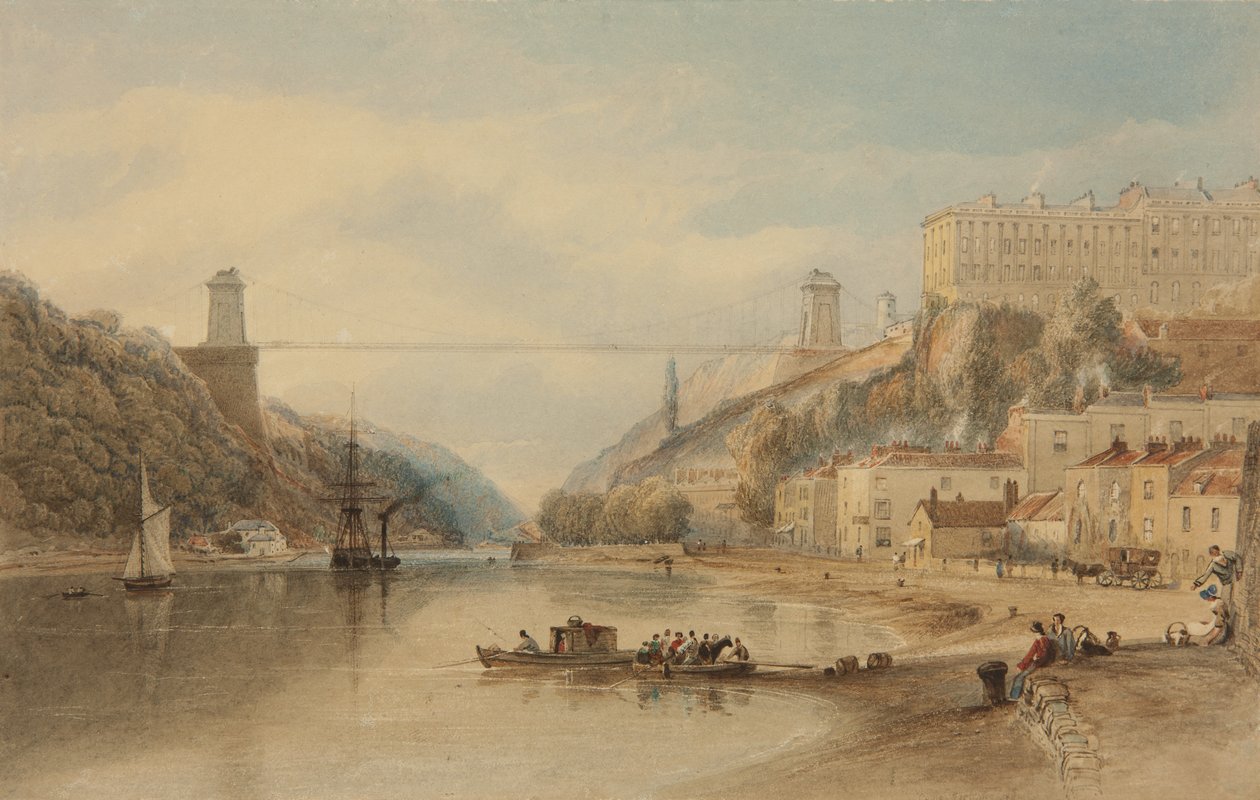 Het voorgestelde hangbrug vanaf Rownham Ferry, ca. 1836 door Samuel Jackson