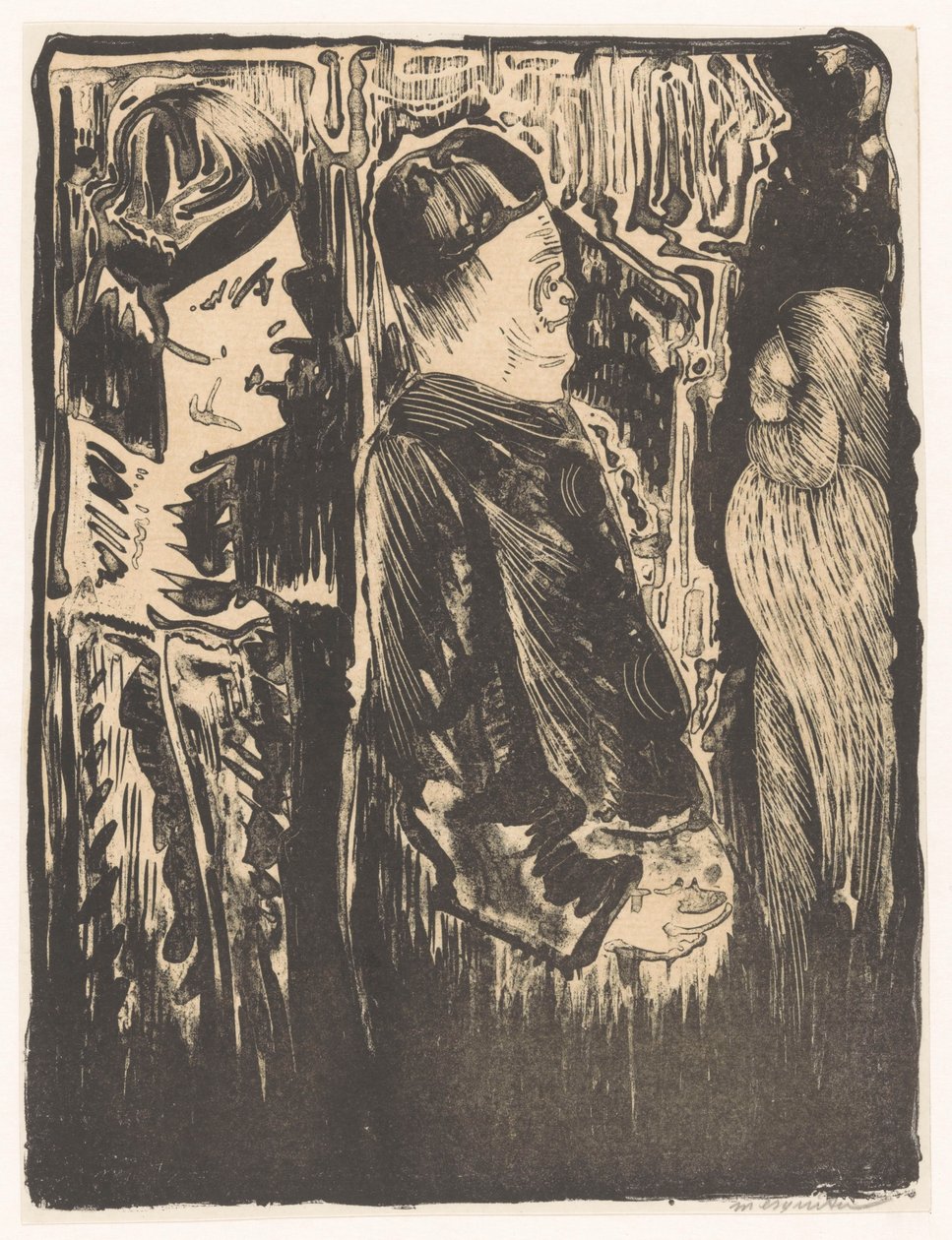 Fantasie: links twee figuren met mutsen op naar rechts, rechts een ingekraste verschijning met verenkleed door Samuel Jessurun de Mesquita (signed by artist)