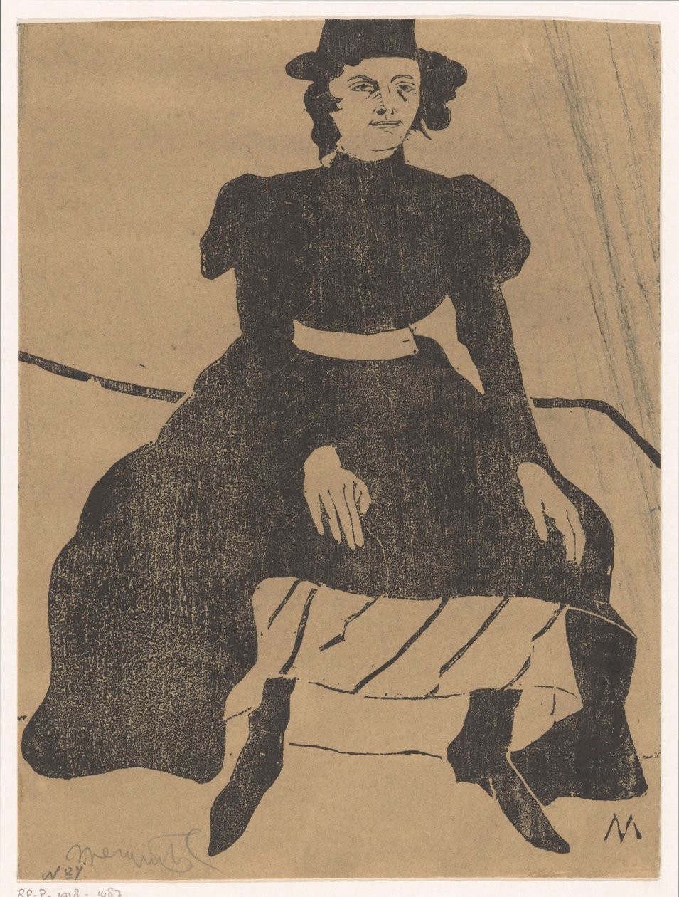 Zittende vrouw met hoed en in zwarte jurk, de handen op de knieën door Samuel Jessurun de Mesquita (signed by artist)