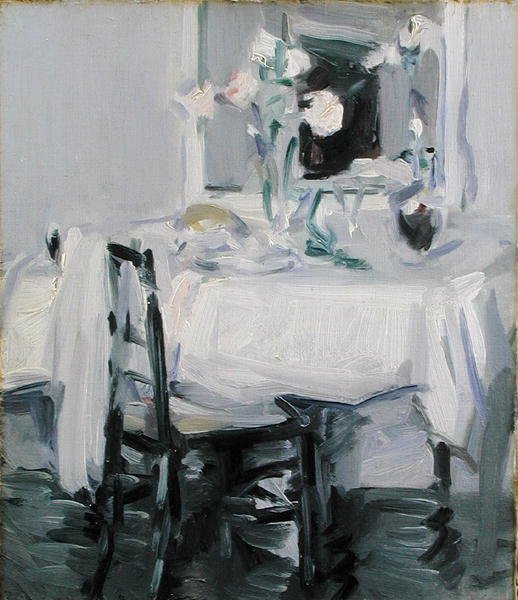 Een interieur met rozen in een vaas op een tafel door Samuel John Peploe
