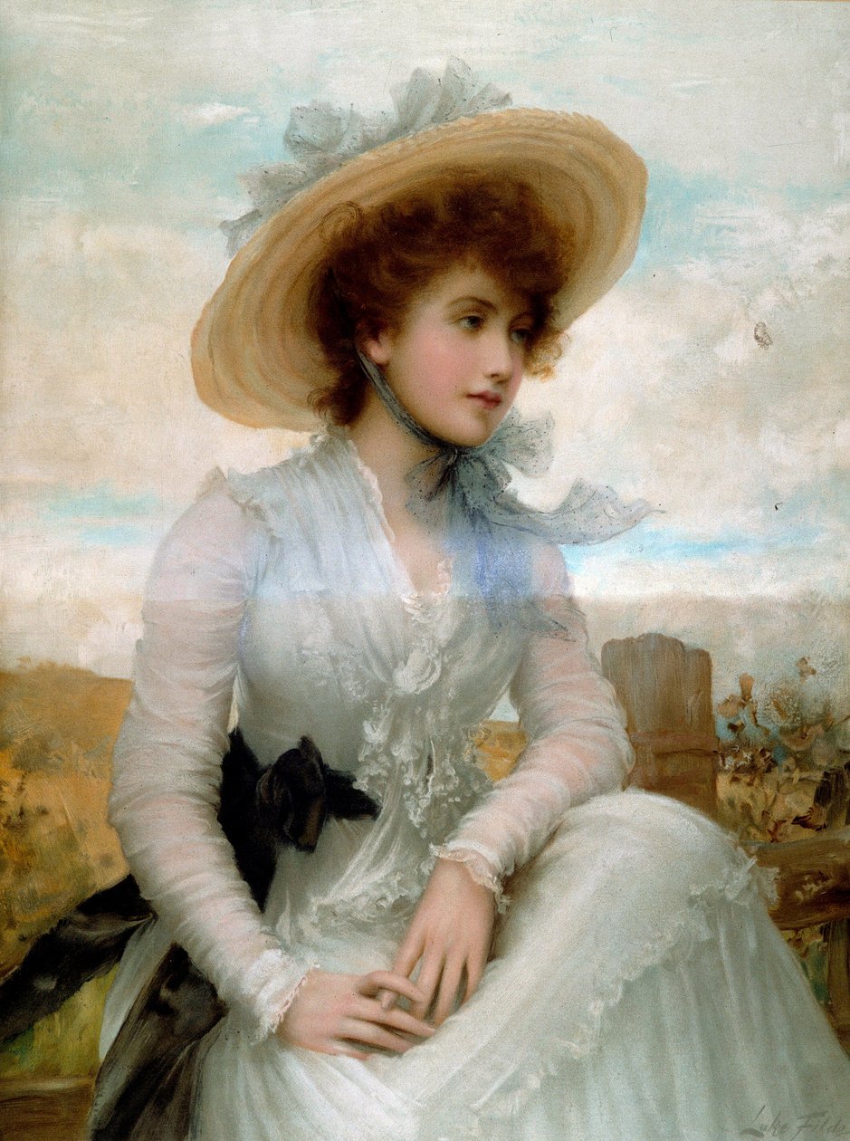 Portret van een jonge vrouw met een strohoed door Samuel Luke Fildes