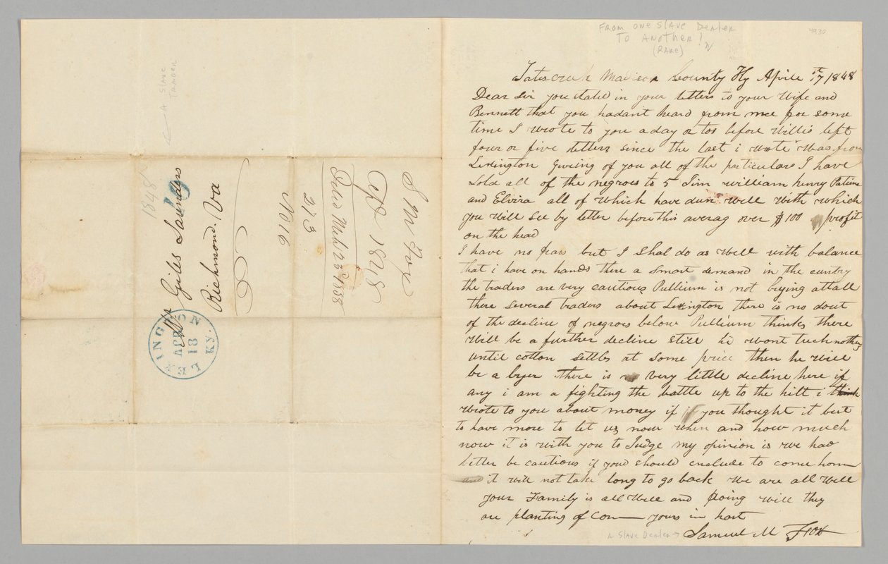 Brief aan Giles Saunders van Samuel M. Fox over de slavenhandel, 17 april 1848 door Samuel M. Fox