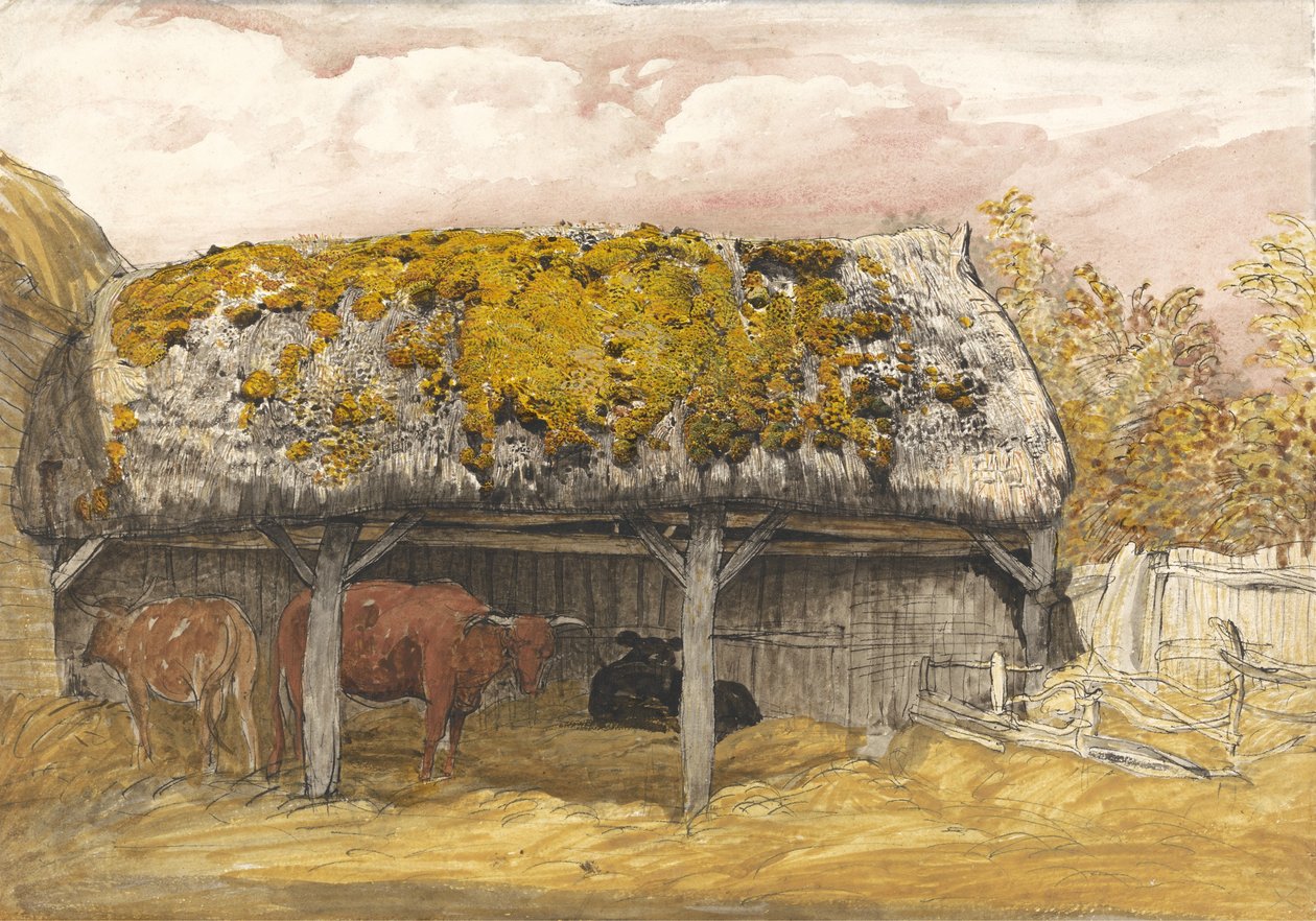 Een Koeienstal met een Mossig Dak, c.1829 door Samuel Palmer
