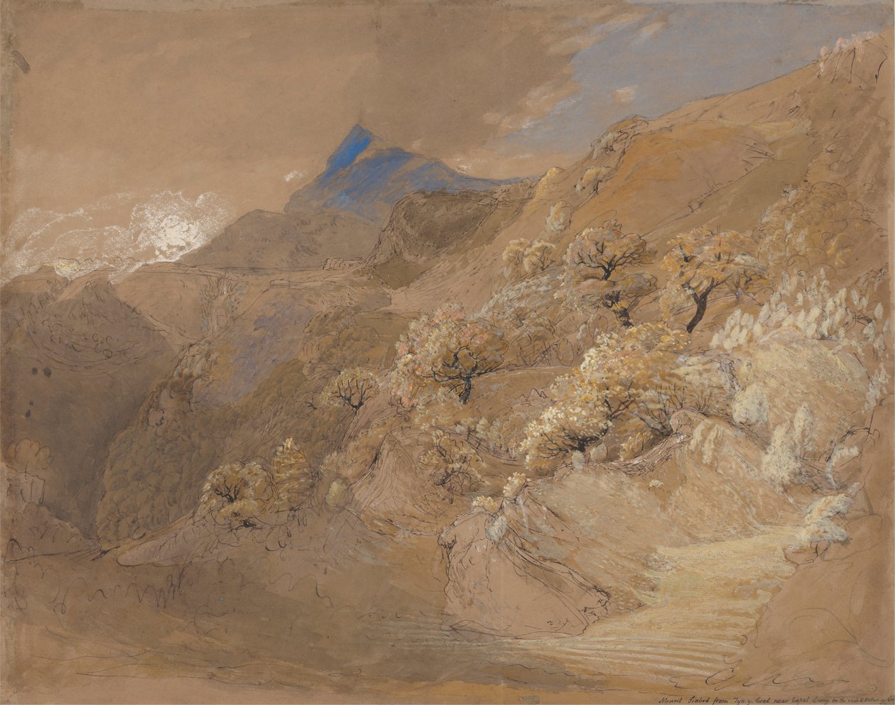 Mount Siabod vanaf Tyn-y-Coed nabij Capel Curig door Samuel Palmer