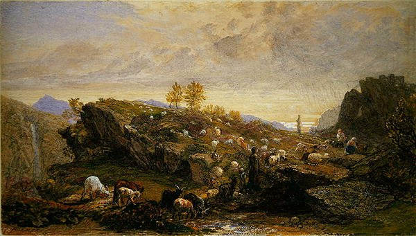 Rustieke figuren met schapen en geiten in een rotsachtig landschap door Samuel Palmer