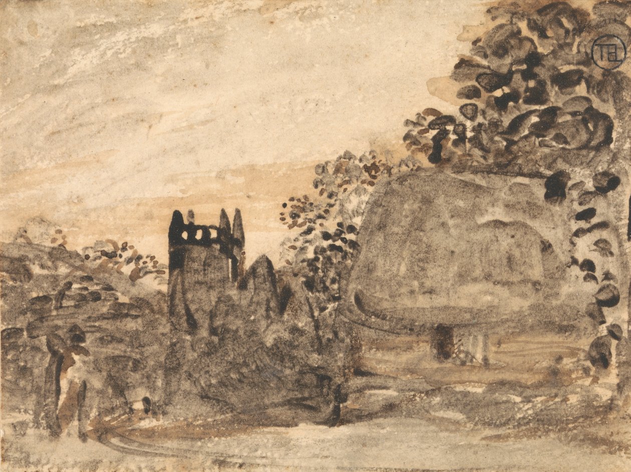 Rietgedekte cottage en kerk door Samuel Palmer