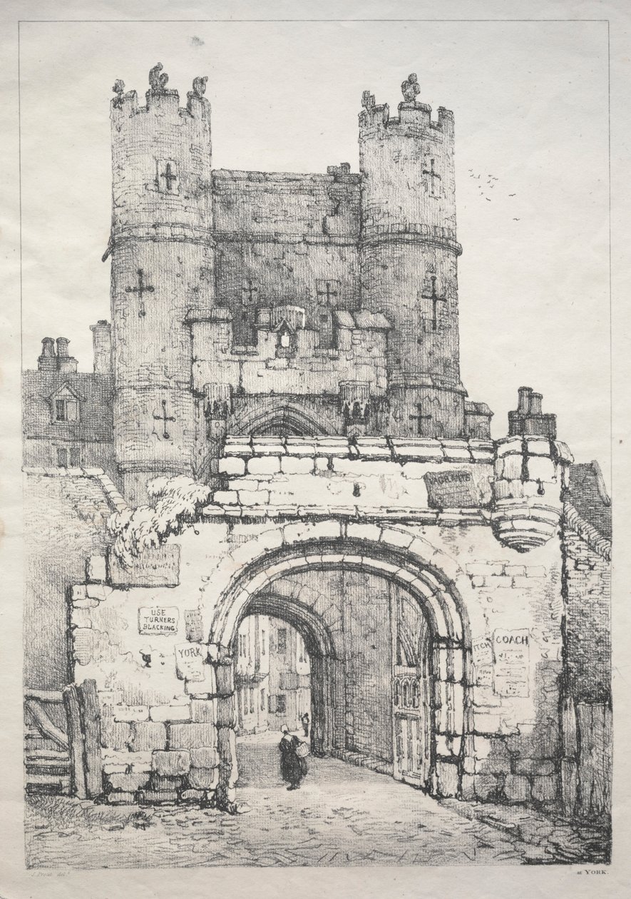 Een serie oude gebouwen en landelijke huisjes in het noorden van Engeland: In York, Middeleeuwse Poort, 18 door Samuel Prout
