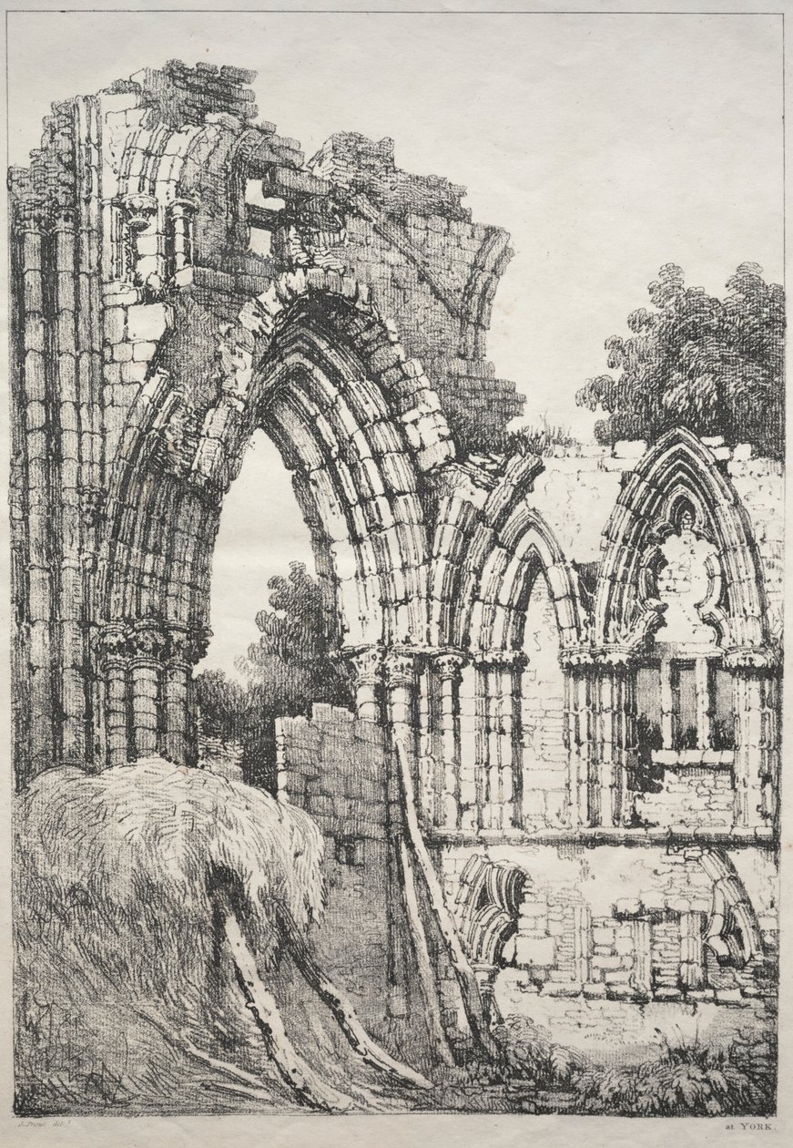 Een reeks oude gebouwen en landelijke huisjes in het noorden van Engeland: In York, ruïnes, 1821 door Samuel Prout