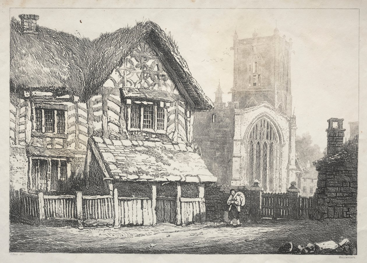Een reeks oude gebouwen en landelijke huisjes in het noorden van Engeland: Helmsley, 1821 door Samuel Prout