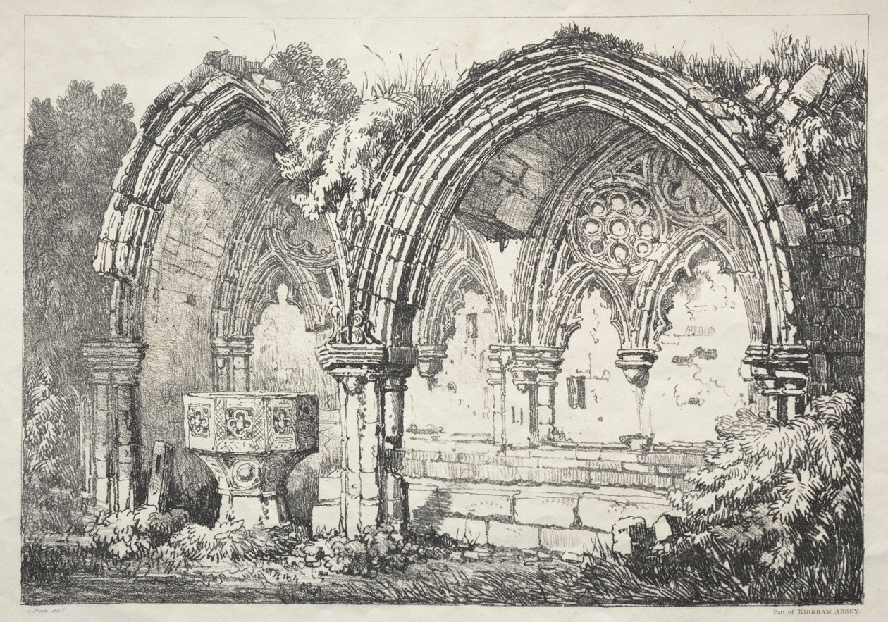 Een serie oude gebouwen en landelijke huisjes in het noorden van Engeland: Deel van Kirkham Abbey, 182 door Samuel Prout