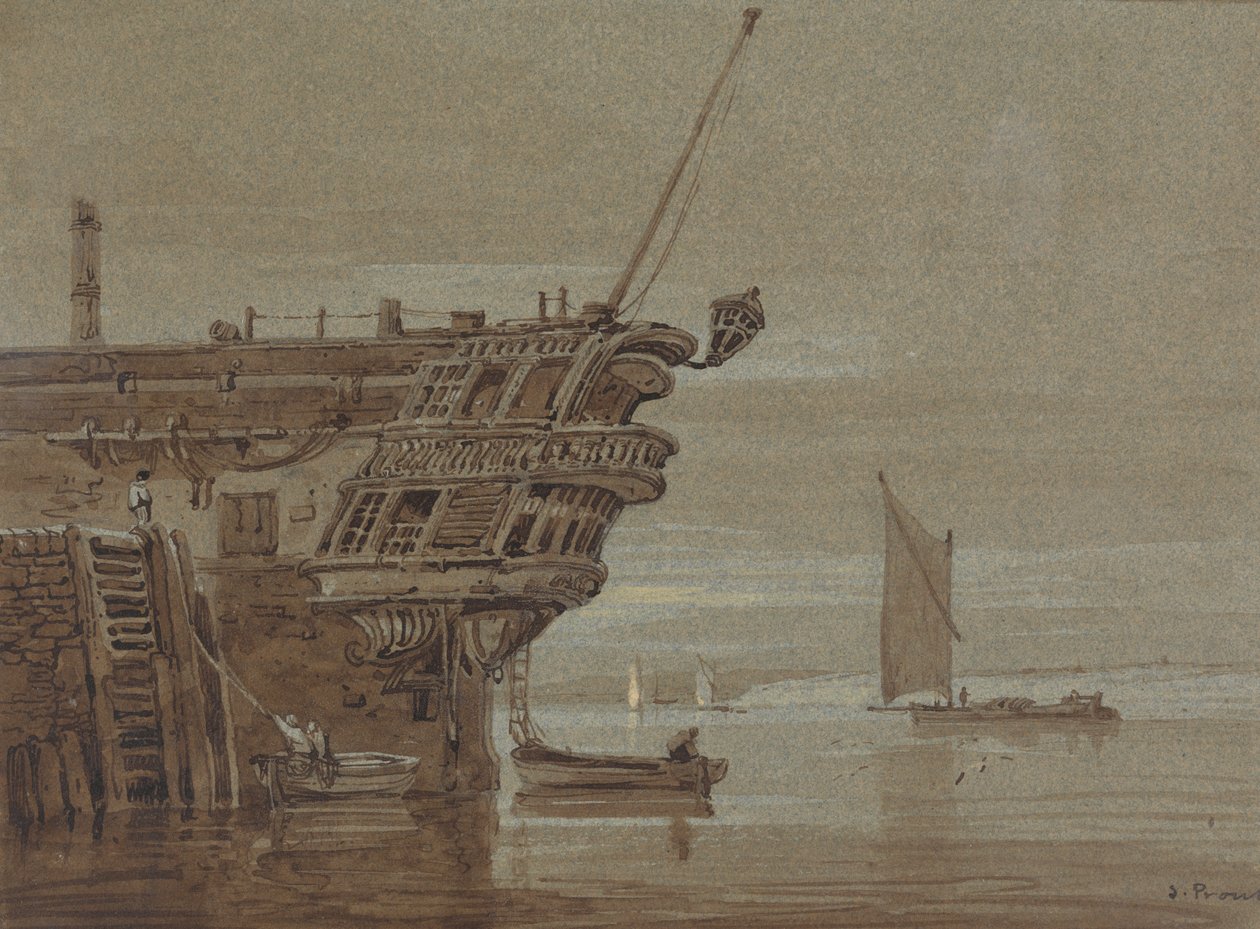Een Oost-Indiëvaarder Voor Anker, Kleine Boten Langszij, Andere Boten Verder Weg door Samuel Prout