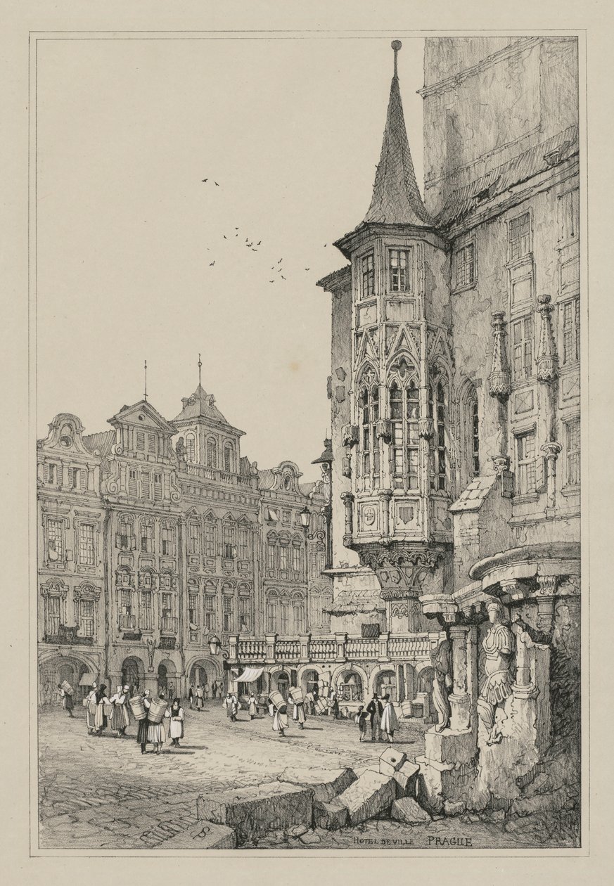 Facsimiles van schetsen gemaakt in Vlaanderen en Duitsland: Hotel de Ville, Praag, 1833 door Samuel Prout