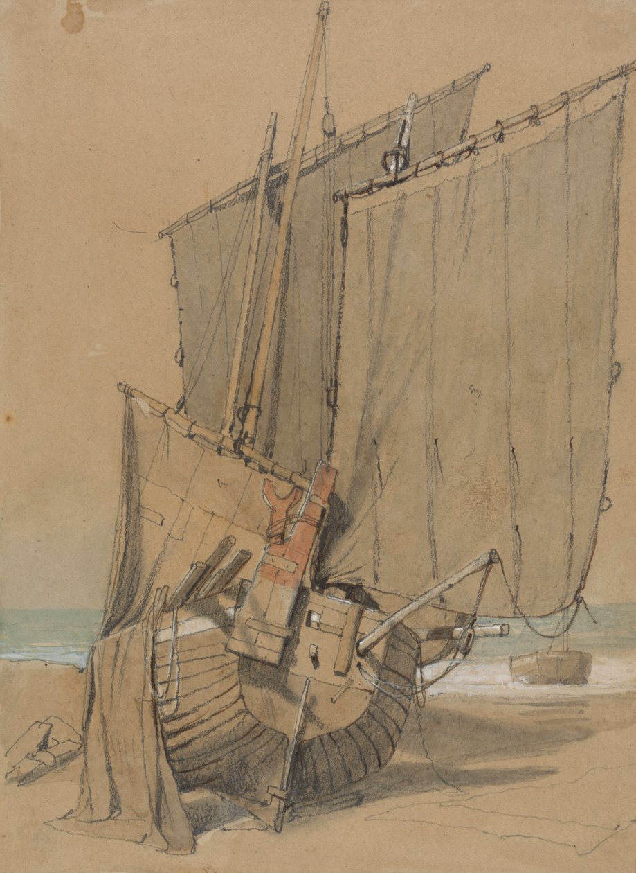 Vissersboten op het strand met drogende zeilen door Samuel Prout